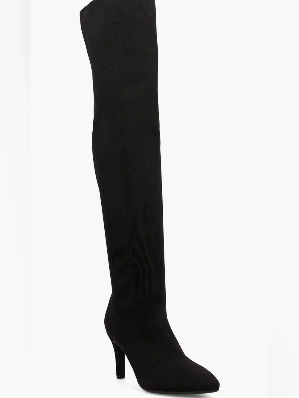 Forever 21 Black Over-the-Knee Stretch Sock Boot with Pointed Toe Heel 0014